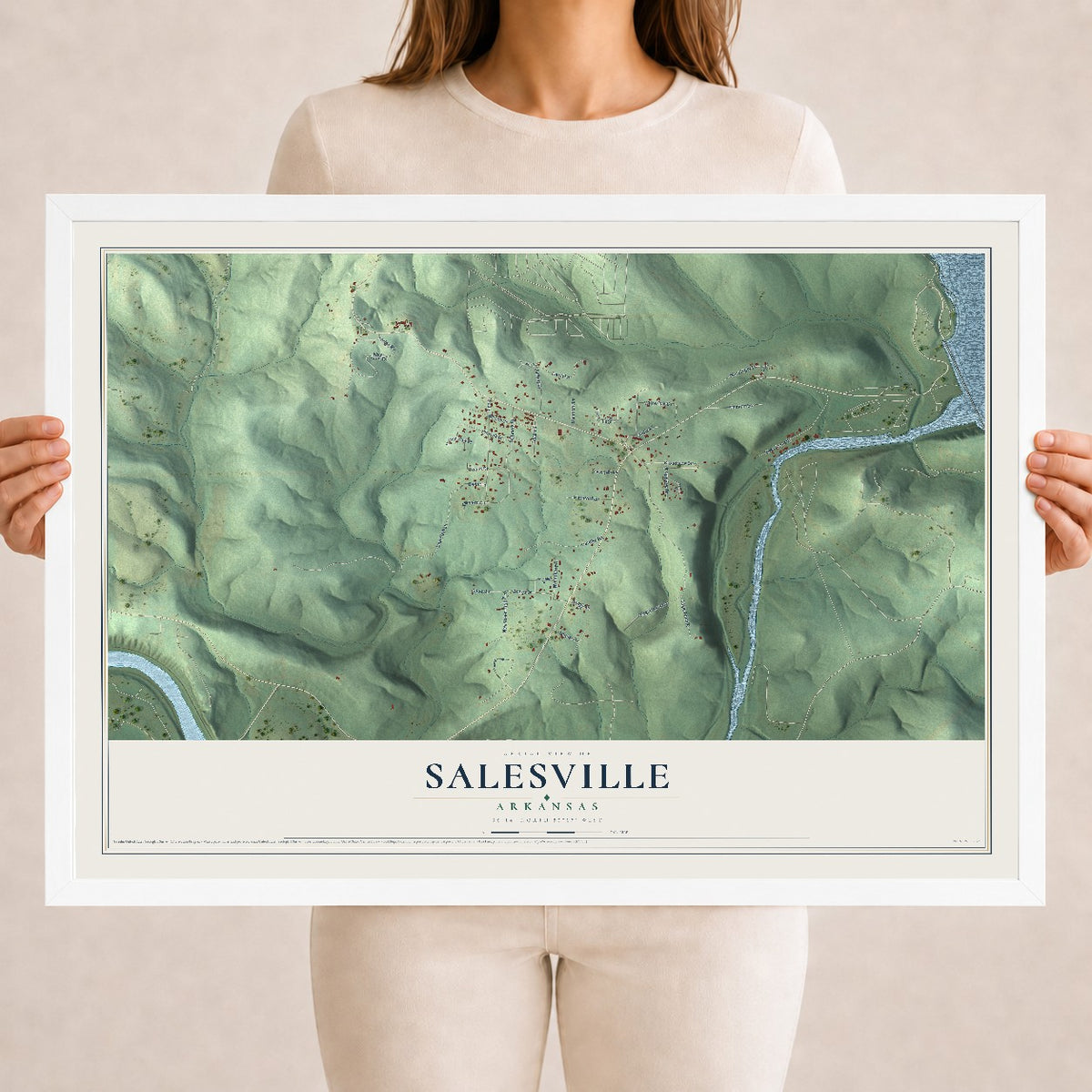 Map of Salesville, Arkansas, 18 x 24 inch print in a white wood frame
