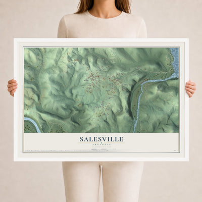 Map of Salesville, Arkansas, 24 x 36 inch print in a white wood frame