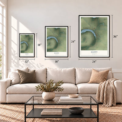 Scott, Arkansas map in 12 x 18, 18 x 24 and 24 x 36 inch sizes above a sofa
