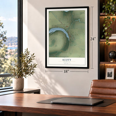 Scott, Arkansas map, 18 x 24 inch print in a black frame in a home office