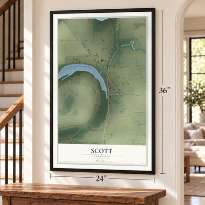 Scott, Arkansas map, 24 x 36 inch print in a black frame by a staircase