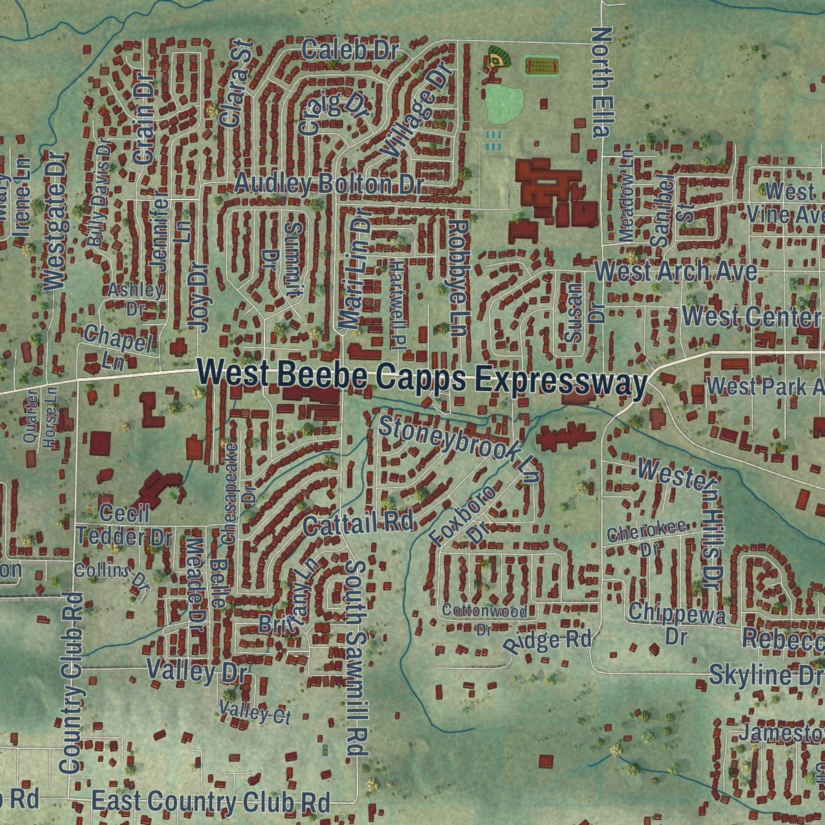 Close-up of the map of Searcy, Arkansas print showing street and building detail