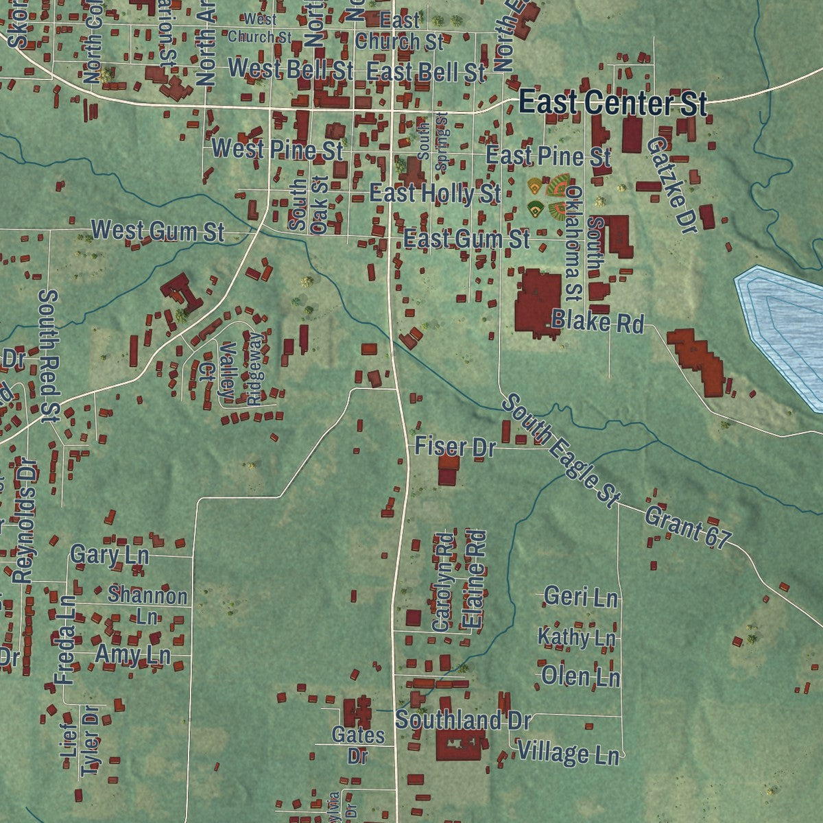 Close-up of the map of Sheridan, Arkansas print showing street and building detail