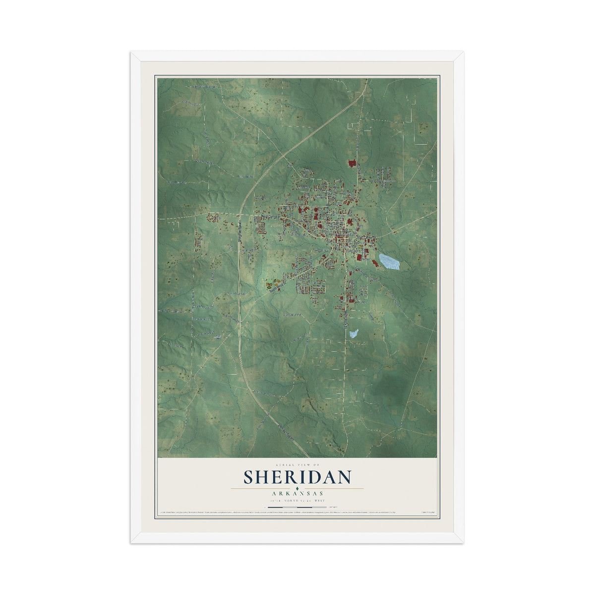 Map of Sheridan, Arkansas, 12 x 18 inch print in a white wood frame