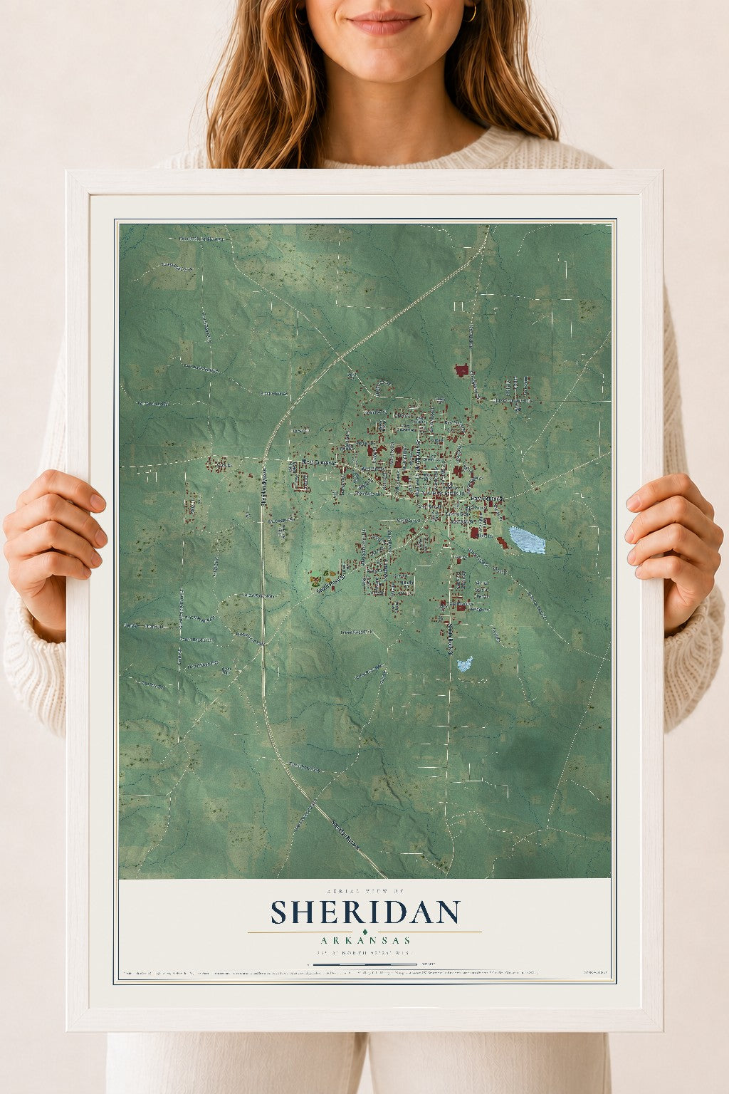 Map of Sheridan, Arkansas, 18 x 24 inch print in a white wood frame