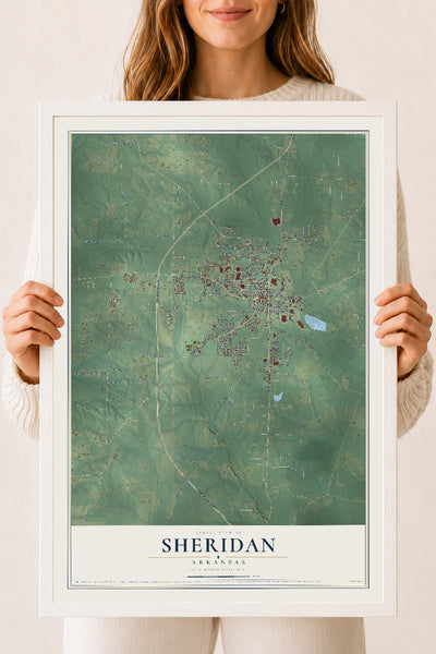 Map of Sheridan, Arkansas, 18 x 24 inch print in a white wood frame