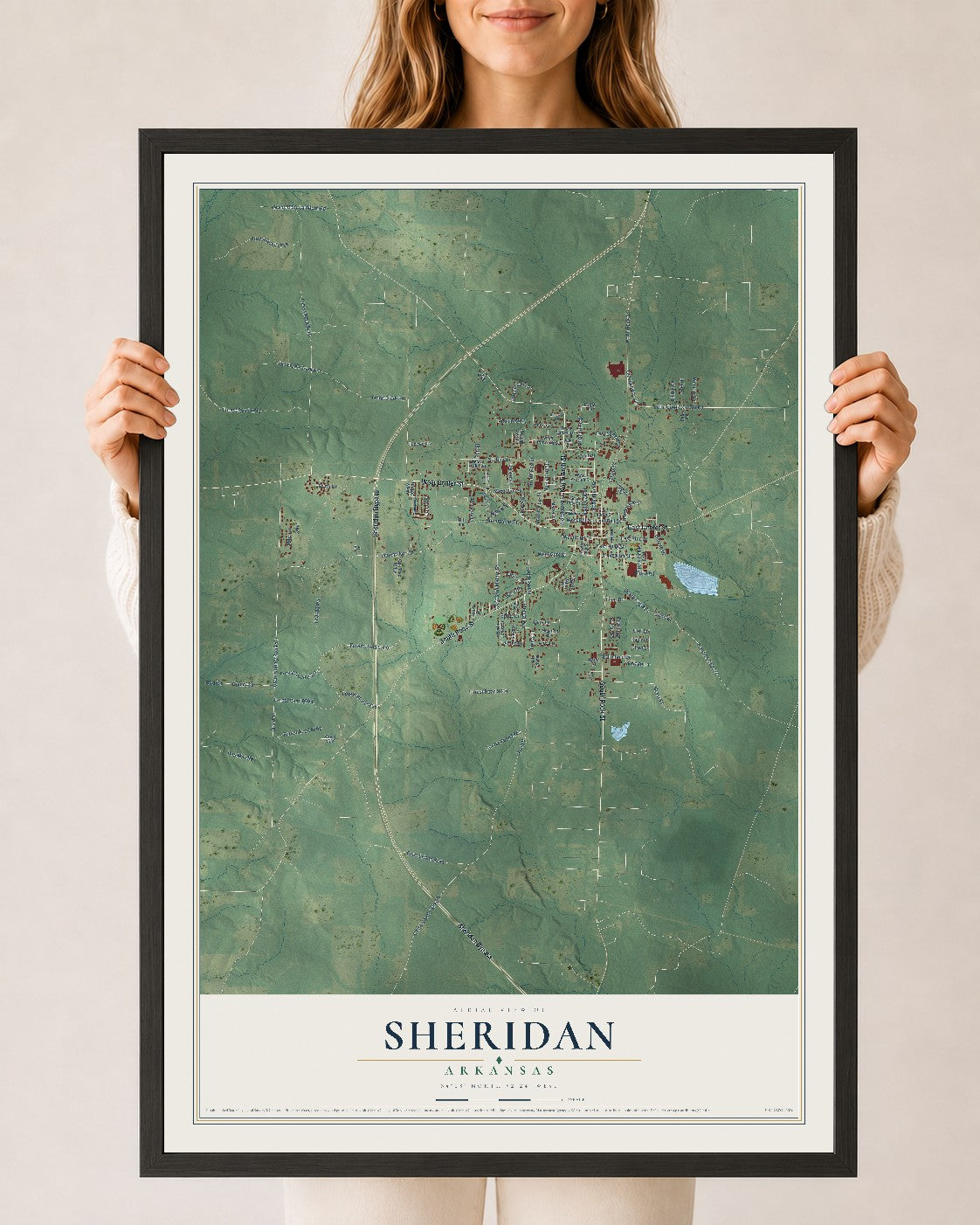 Map of Sheridan, Arkansas, 24 x 36 inch print in a black wood frame