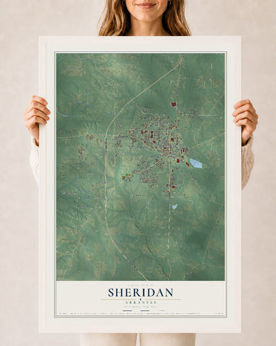 Map of Sheridan, Arkansas, 24 x 36 inch print in a white wood frame