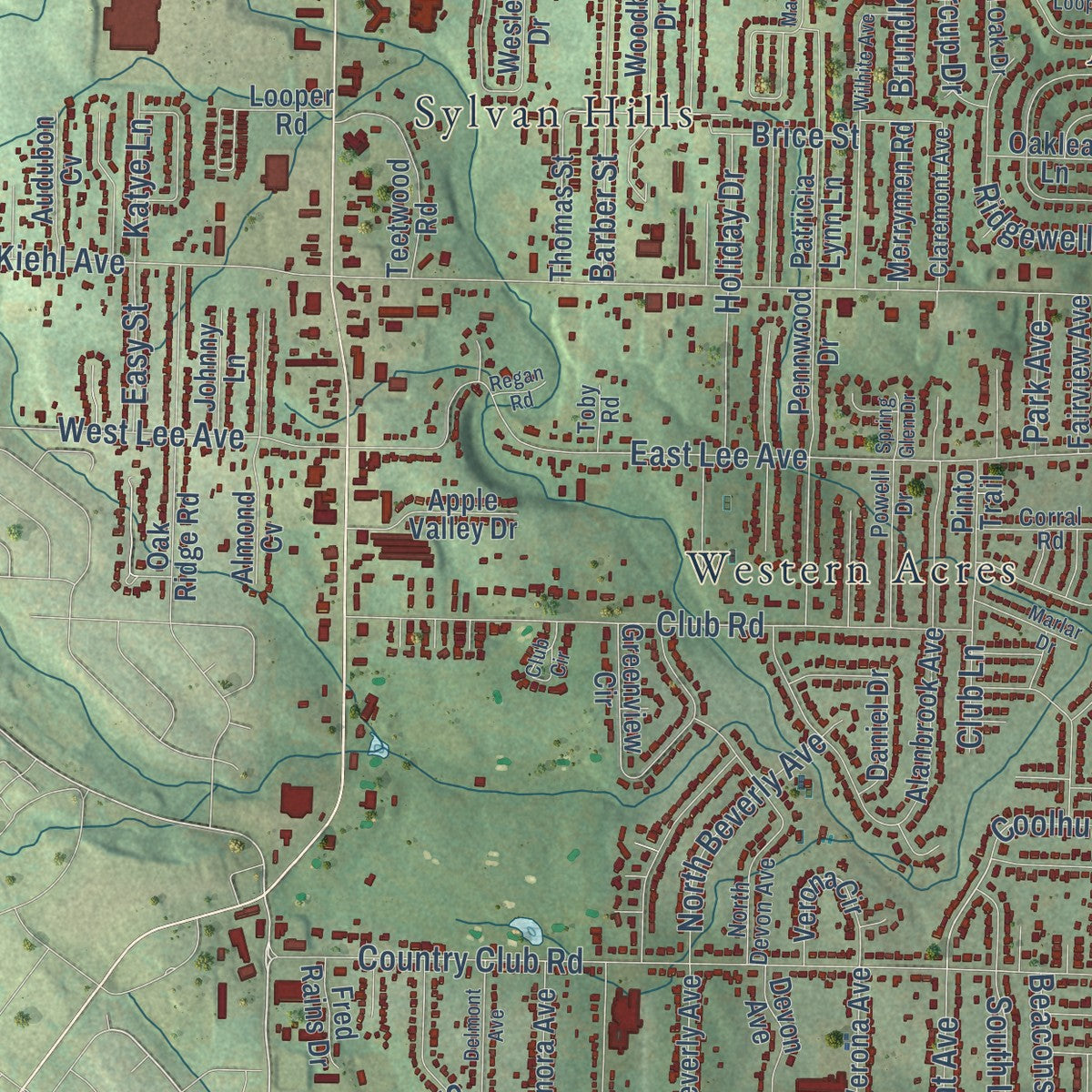Close-up of the map of Sherwood, Arkansas print showing street and building detail