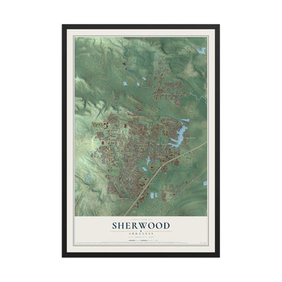 Map of Sherwood, Arkansas, 12 x 18 inch print in a black wood frame