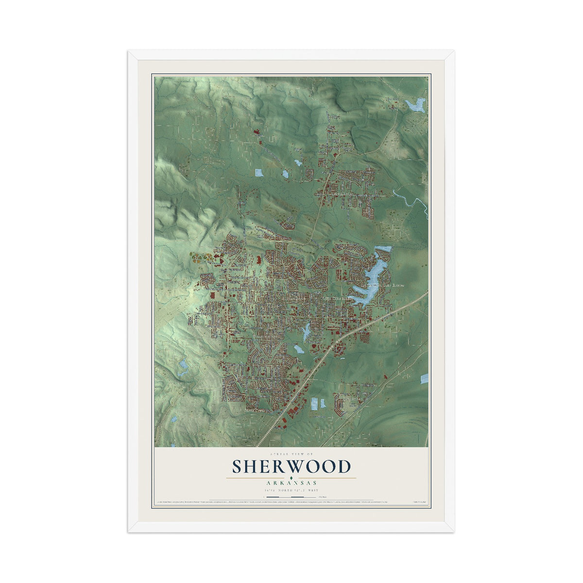 Map of Sherwood, Arkansas, 12 x 18 inch print in a white wood frame