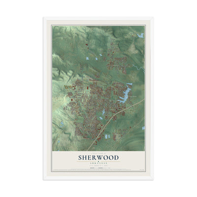Map of Sherwood, Arkansas, 12 x 18 inch print in a white wood frame