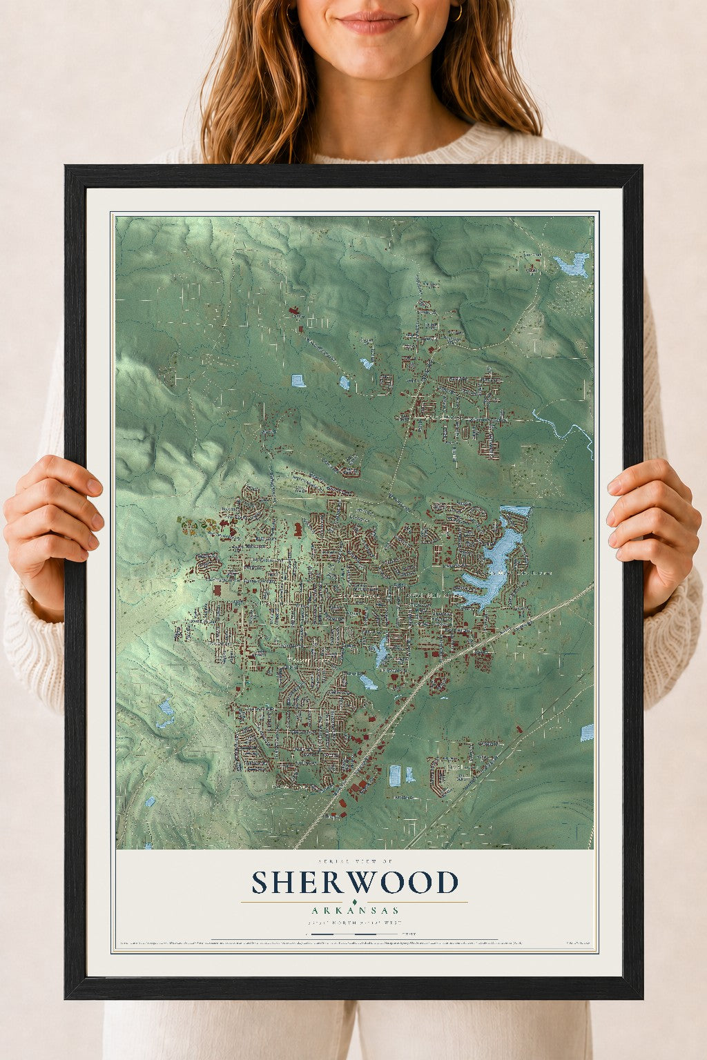 Map of Sherwood, Arkansas, 18 x 24 inch print in a black wood frame