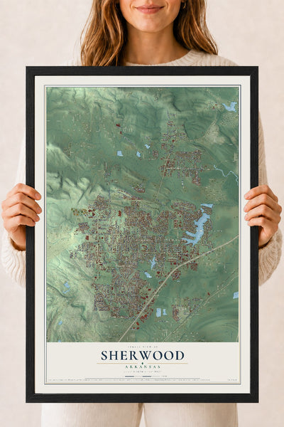 Map of Sherwood, Arkansas, 18 x 24 inch print in a black wood frame