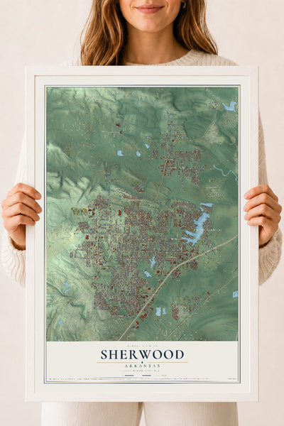 Map of Sherwood, Arkansas, 18 x 24 inch print in a white wood frame
