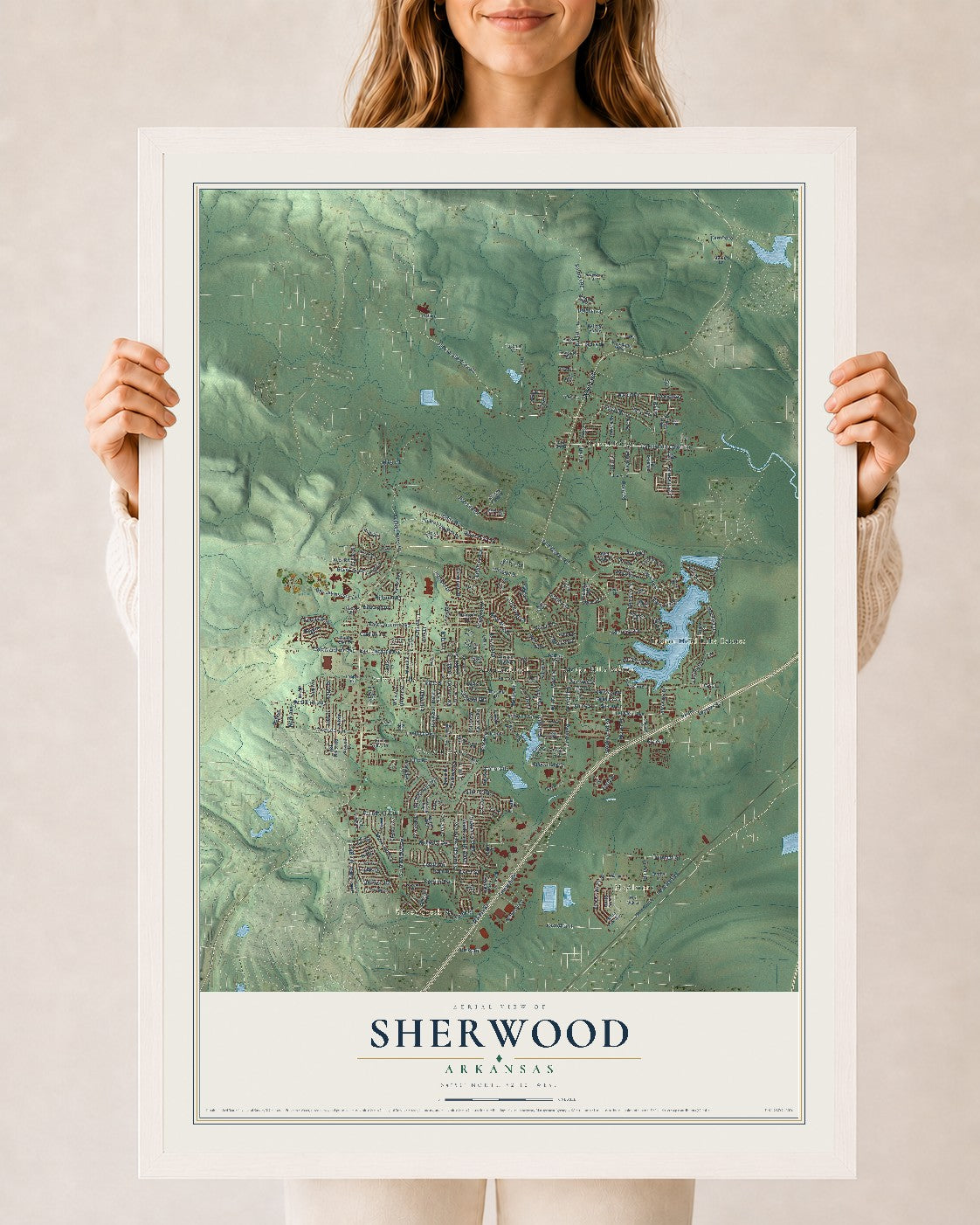 Map of Sherwood, Arkansas, 24 x 36 inch print in a white wood frame