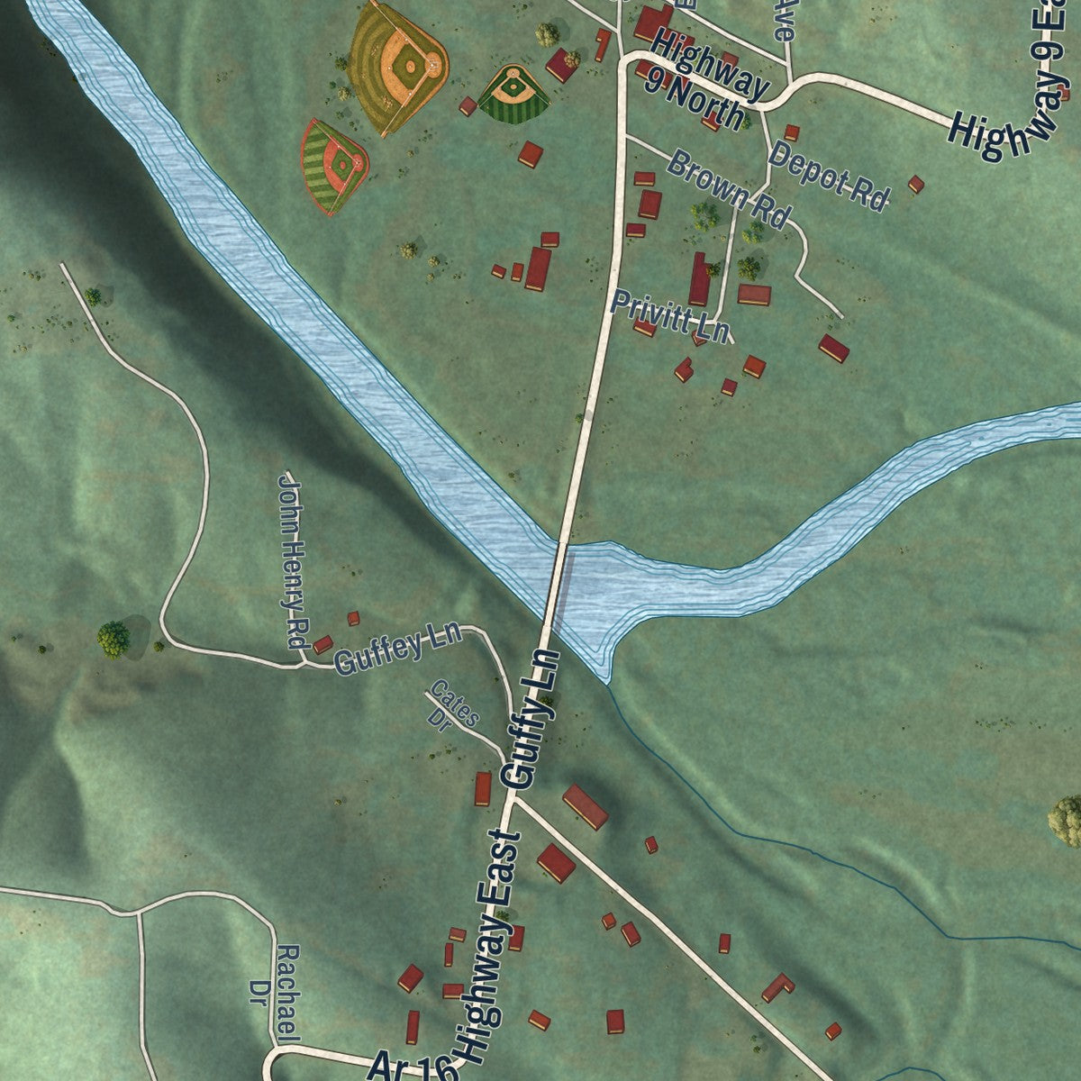 Second close-up of the map of Shirley, Arkansas print showing more streets and buildings