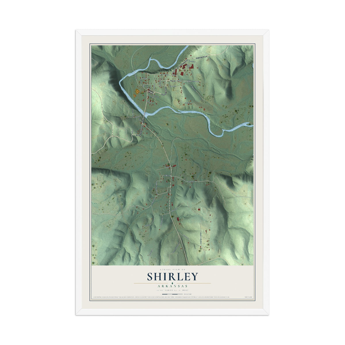 Map of Shirley, Arkansas, 12 x 18 inch print in a white wood frame