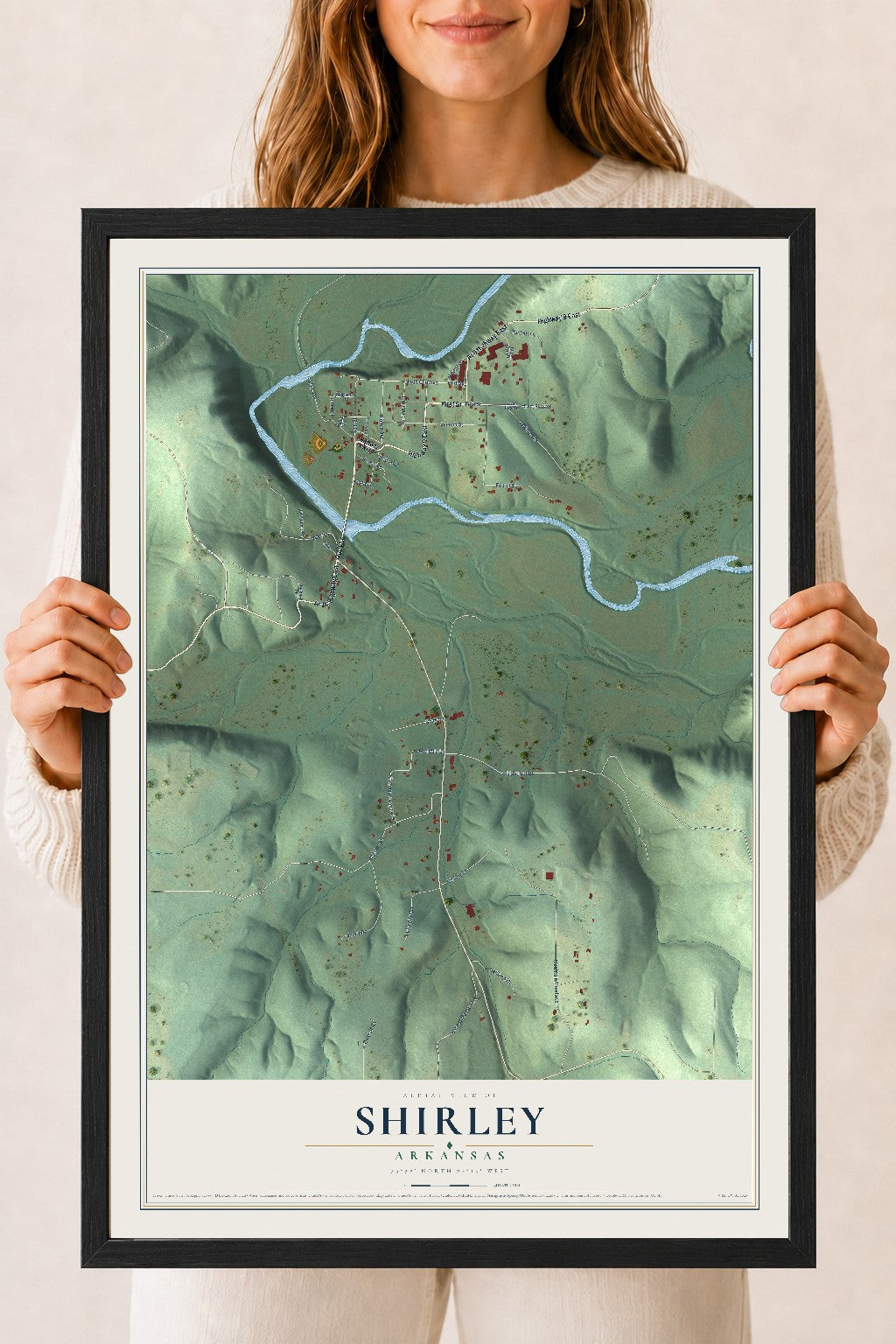 Map of Shirley, Arkansas, 18 x 24 inch print in a black wood frame