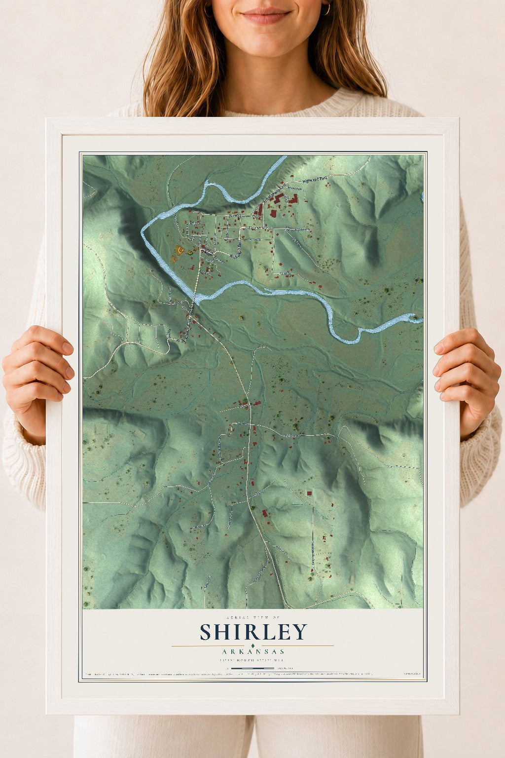 Map of Shirley, Arkansas, 18 x 24 inch print in a white wood frame