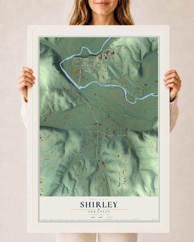 Map of Shirley, Arkansas, 24 x 36 inch print in a white wood frame