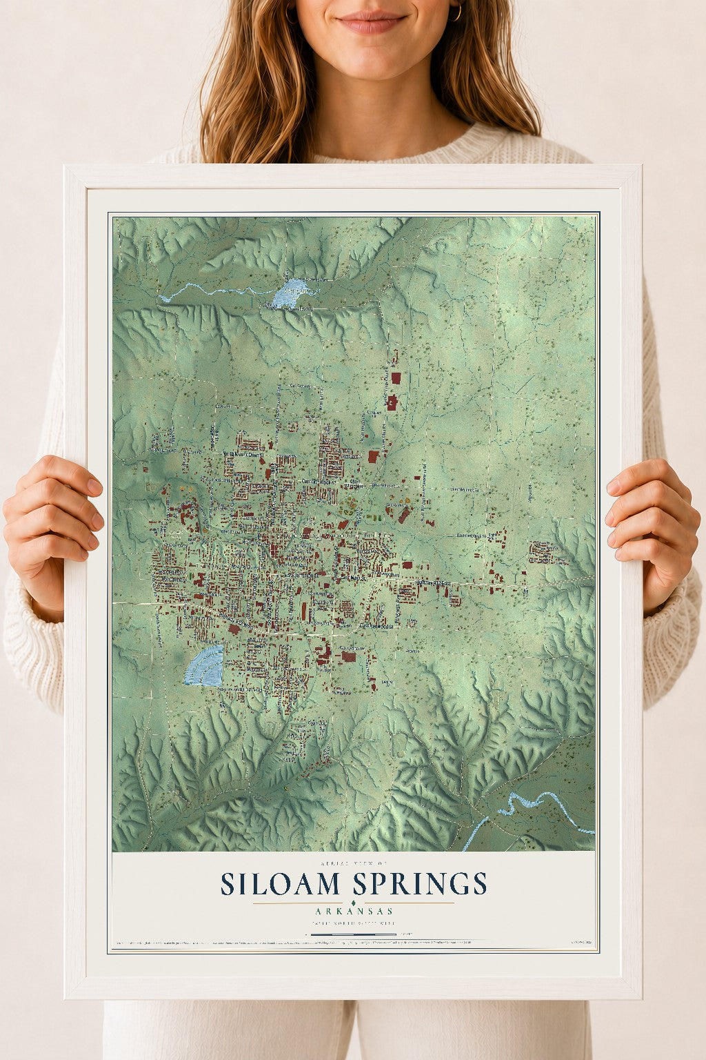 Map of Siloam Springs, Arkansas, 18 x 24 inch print in a white wood frame