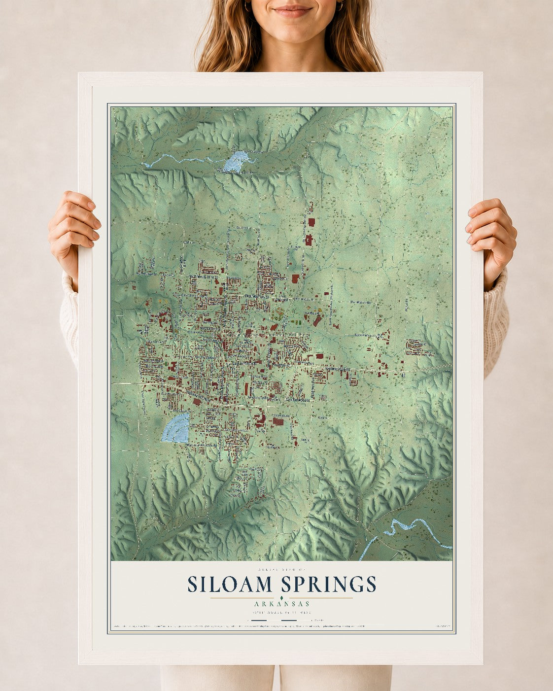 Map of Siloam Springs, Arkansas, 24 x 36 inch print in a white wood frame