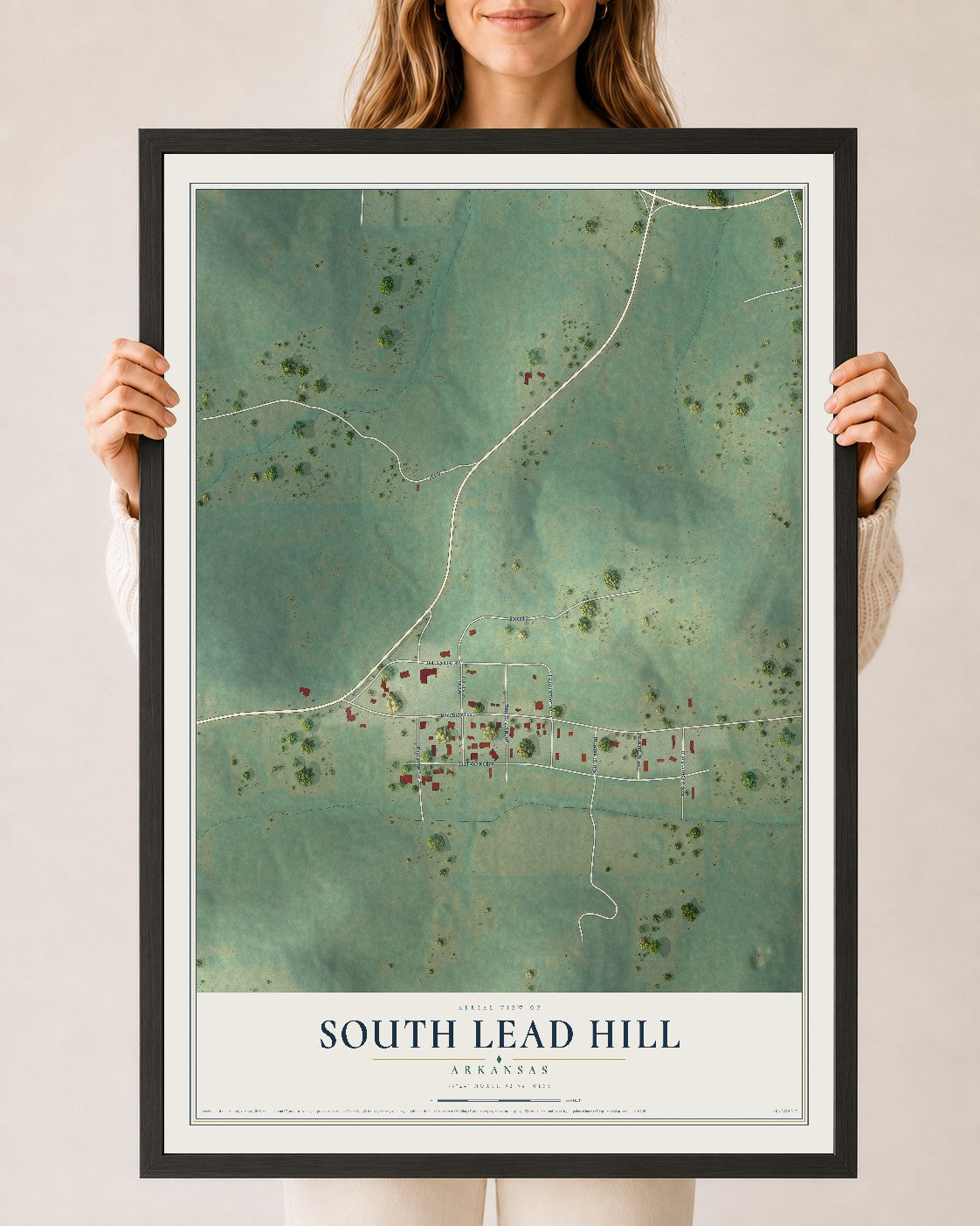 Map of South Lead Hill, Arkansas, 24 x 36 inch print in a black wood frame