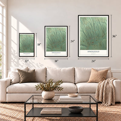 Springfield, Arkansas map in 12 x 18, 18 x 24 and 24 x 36 inch sizes above a sofa