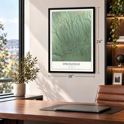 Springfield, Arkansas map, 18 x 24 inch print in a black frame in a home office
