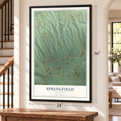 Springfield, Arkansas map, 24 x 36 inch print in a black frame by a staircase