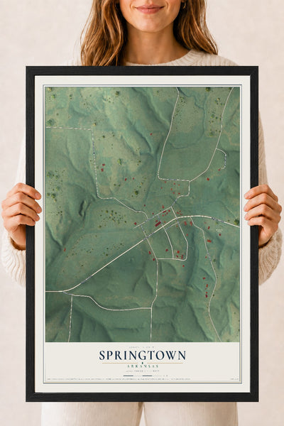 Map of Springtown, Arkansas, 18 x 24 inch print in a black wood frame