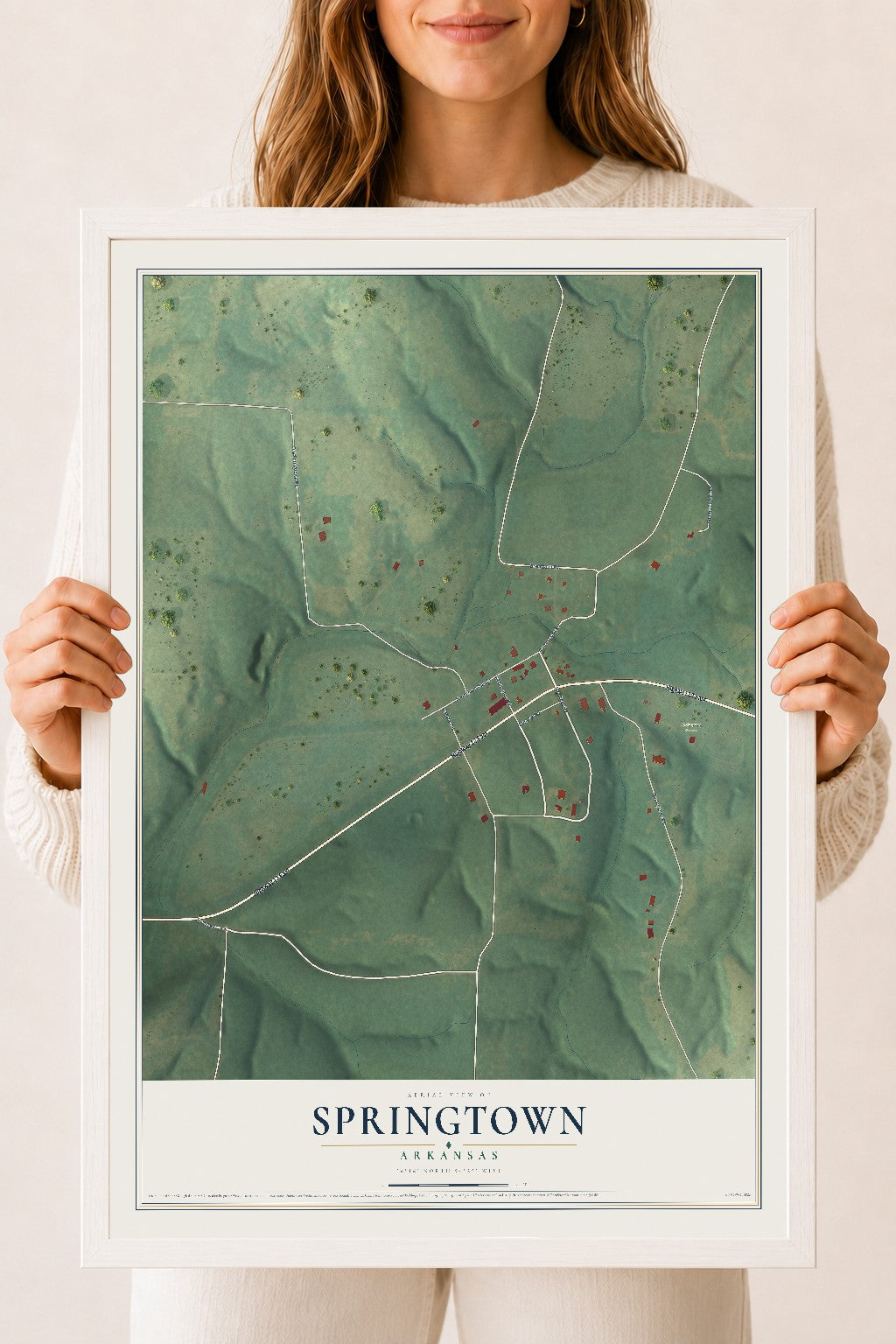 Map of Springtown, Arkansas, 18 x 24 inch print in a white wood frame
