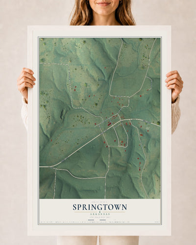 Map of Springtown, Arkansas, 24 x 36 inch print in a white wood frame