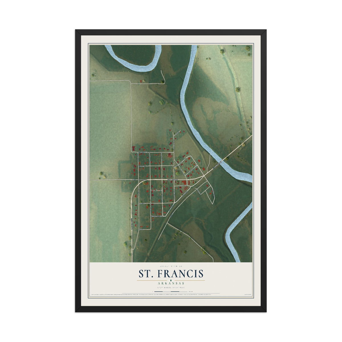 Map of St. Francis, Arkansas, 12 x 18 inch print in a black wood frame