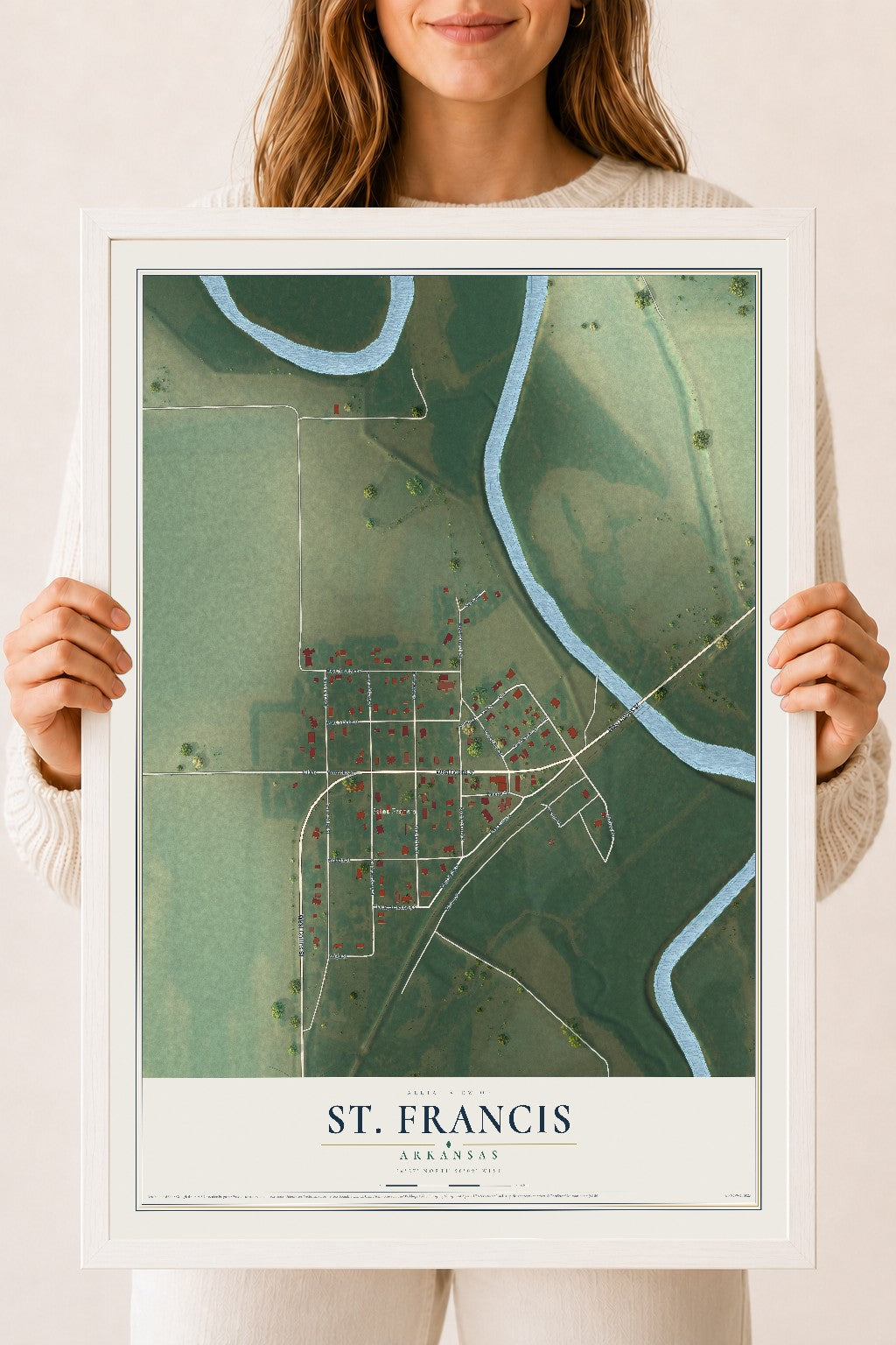 Map of St. Francis, Arkansas, 18 x 24 inch print in a white wood frame