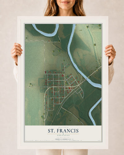 Map of St. Francis, Arkansas, 24 x 36 inch print in a white wood frame
