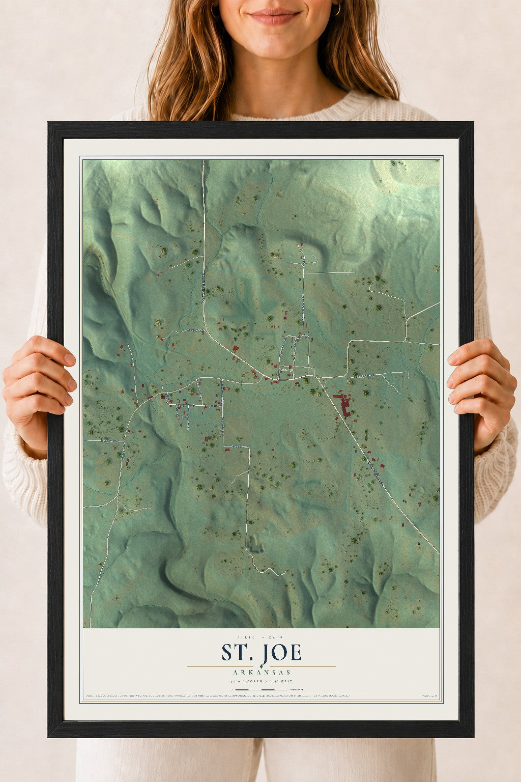 Map of St. Joe, Arkansas, 18 x 24 inch print in a black wood frame