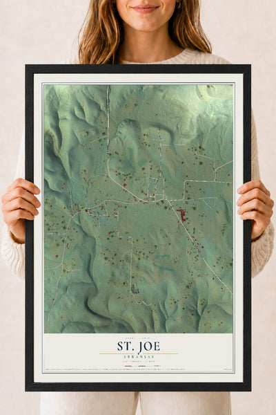 Map of St. Joe, Arkansas, 18 x 24 inch print in a black wood frame
