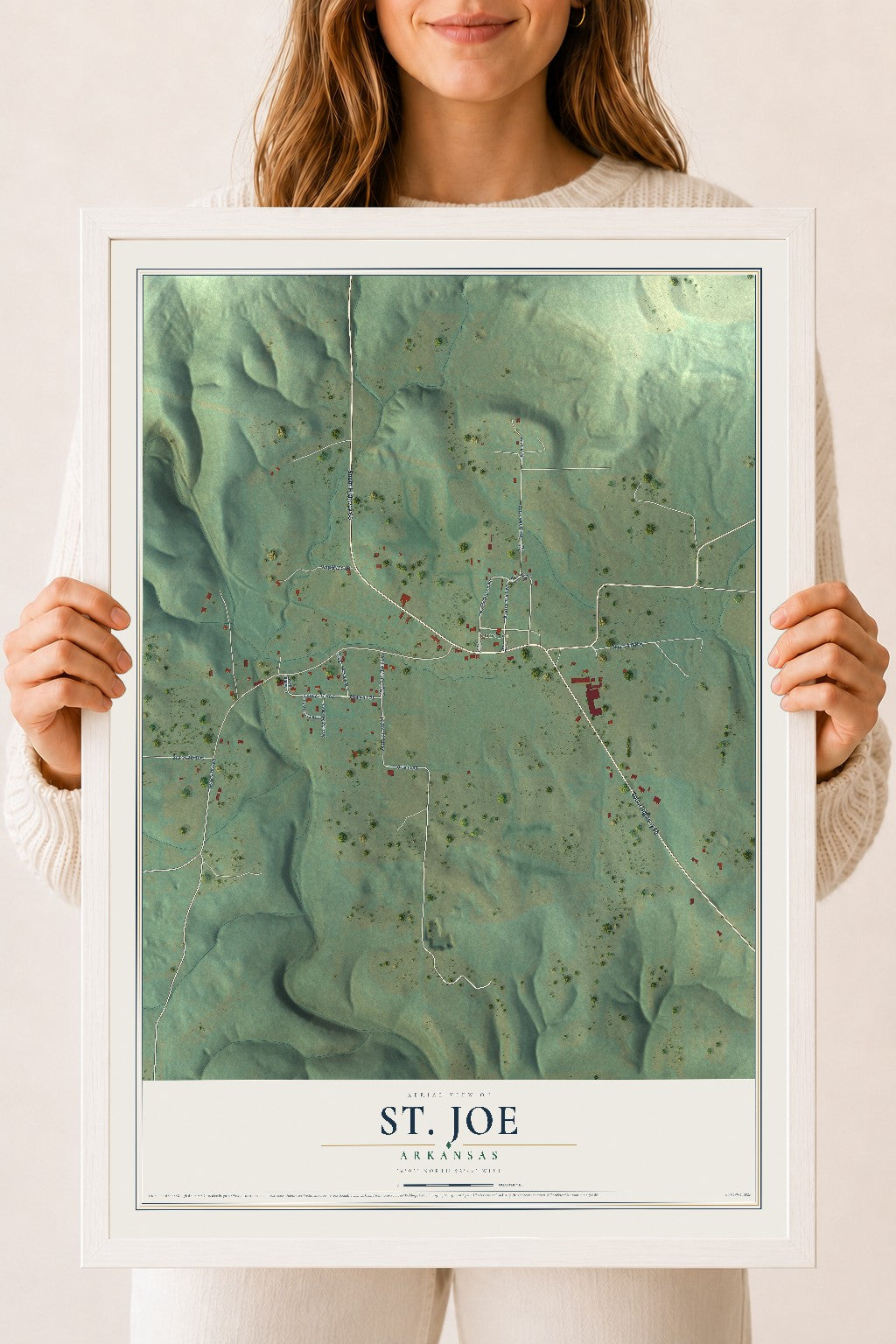 Map of St. Joe, Arkansas, 18 x 24 inch print in a white wood frame
