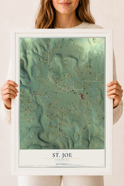 Map of St. Joe, Arkansas, 18 x 24 inch print in a white wood frame