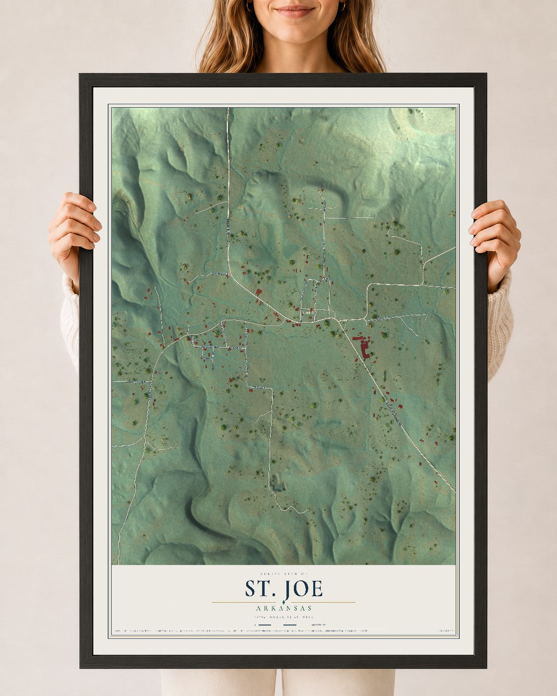 Map of St. Joe, Arkansas, 24 x 36 inch print in a black wood frame