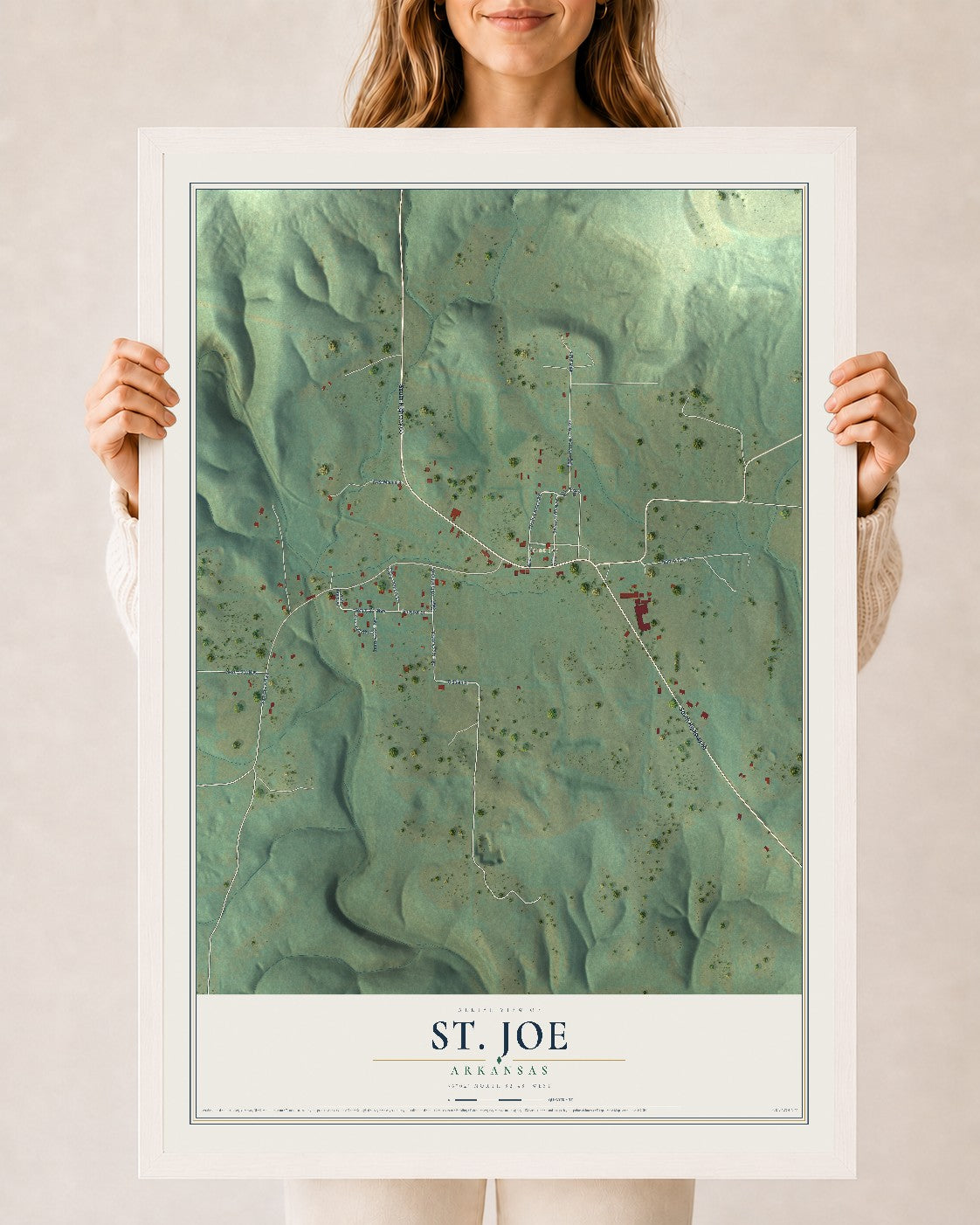Map of St. Joe, Arkansas, 24 x 36 inch print in a white wood frame