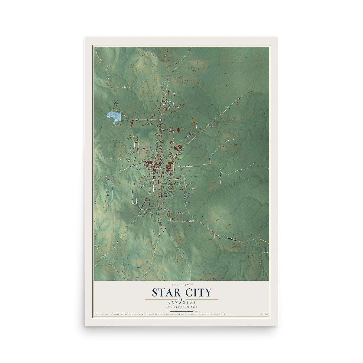 Map of Star City, Arkansas, 12 x 18 inch unframed archival matte print