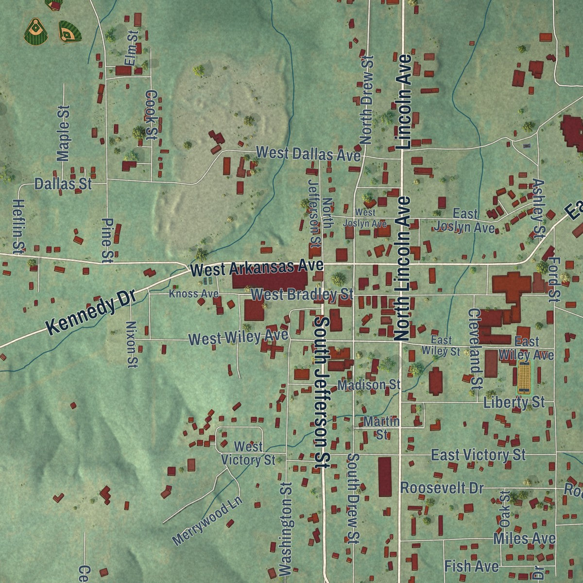 Close-up of the map of Star City, Arkansas print showing street and building detail