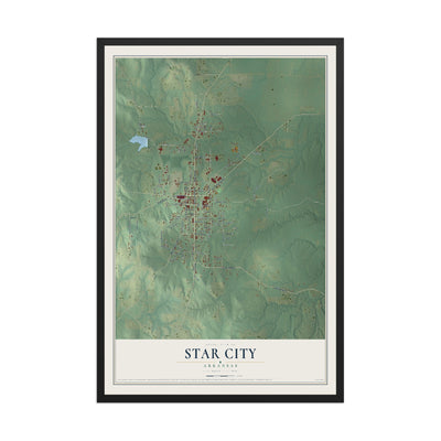 Map of Star City, Arkansas, 12 x 18 inch print in a black wood frame