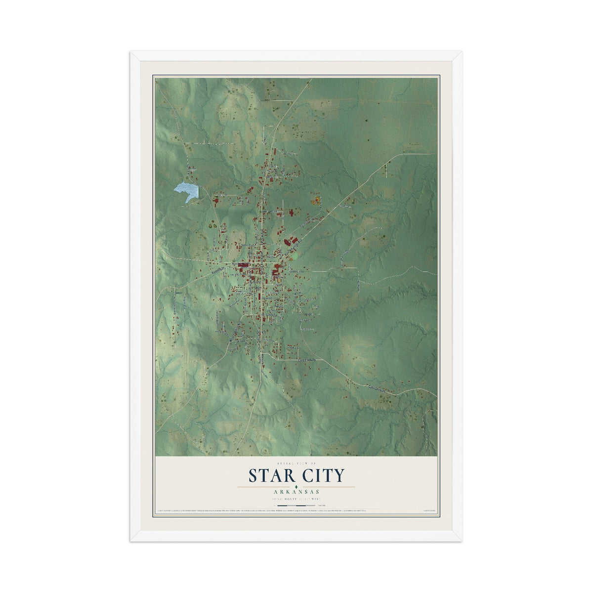 Map of Star City, Arkansas, 12 x 18 inch print in a white wood frame