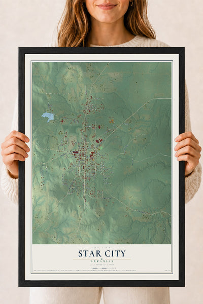 Map of Star City, Arkansas, 18 x 24 inch print in a black wood frame