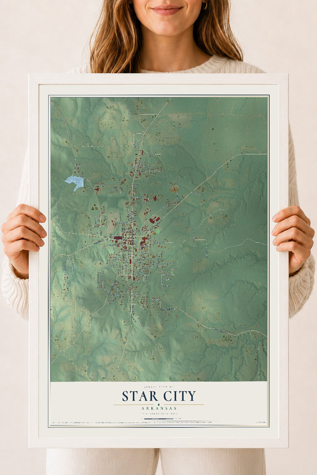 Map of Star City, Arkansas, 18 x 24 inch print in a white wood frame