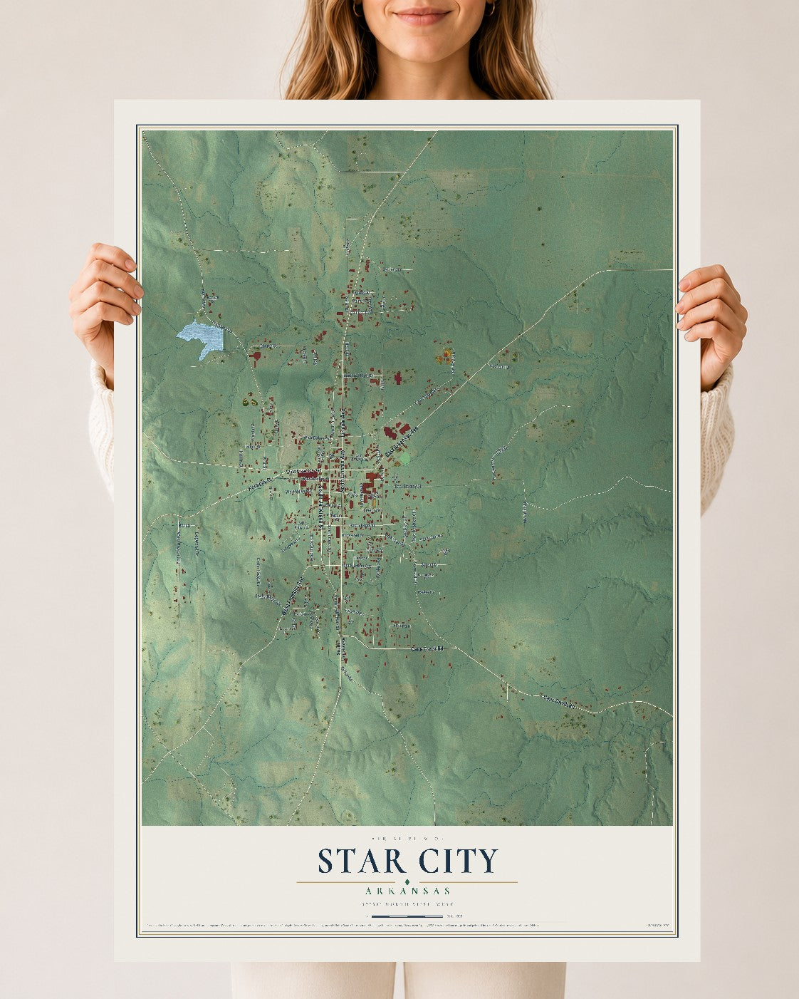 Map of Star City, Arkansas, 24 x 36 inch unframed archival matte print